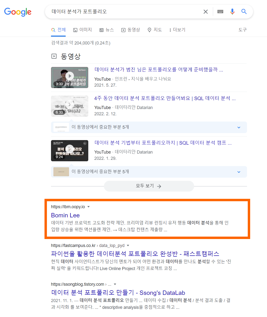구글에 ‘데이터 분석가 포트폴리오’ 검색 시 상단에 노출되고 있는 이력서 웹페이지