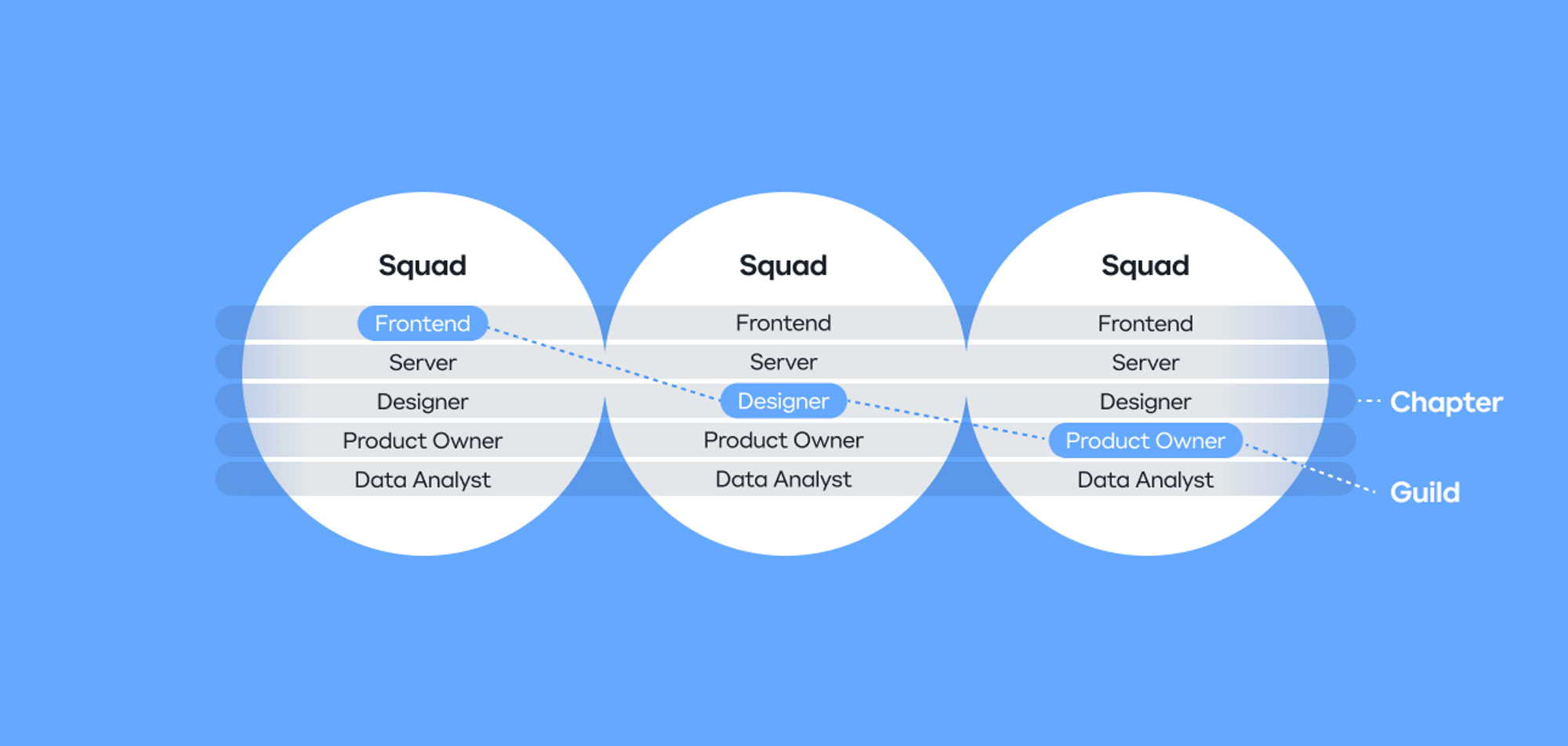 스쿼드는 어떠한 제품 또는 서비스를 같이 만드는 사람로 구성된 목적 조직이고, 챕터는 같은 일을 하는 사람들을 묶은 기능 조직이에요. 데이터 분석가는 각 스쿼드와 DA 챕터에 속해 업무하고 있어요.